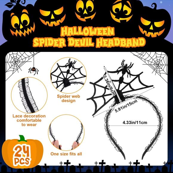 2904 24 Pcs Halloween Spider Headband Spider Web Headband Bulk Halloween